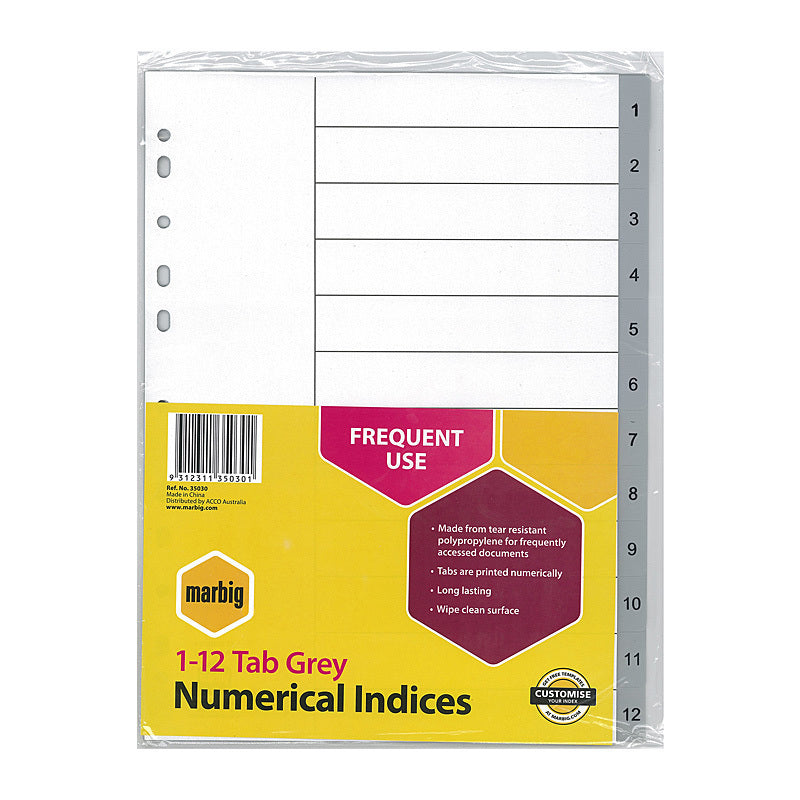 Mbg Indices Grey PP A4 1-12Tab Marbig