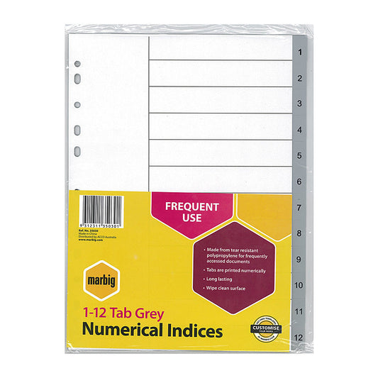 Mbg Indices Grey PP A4 1-12Tab Marbig