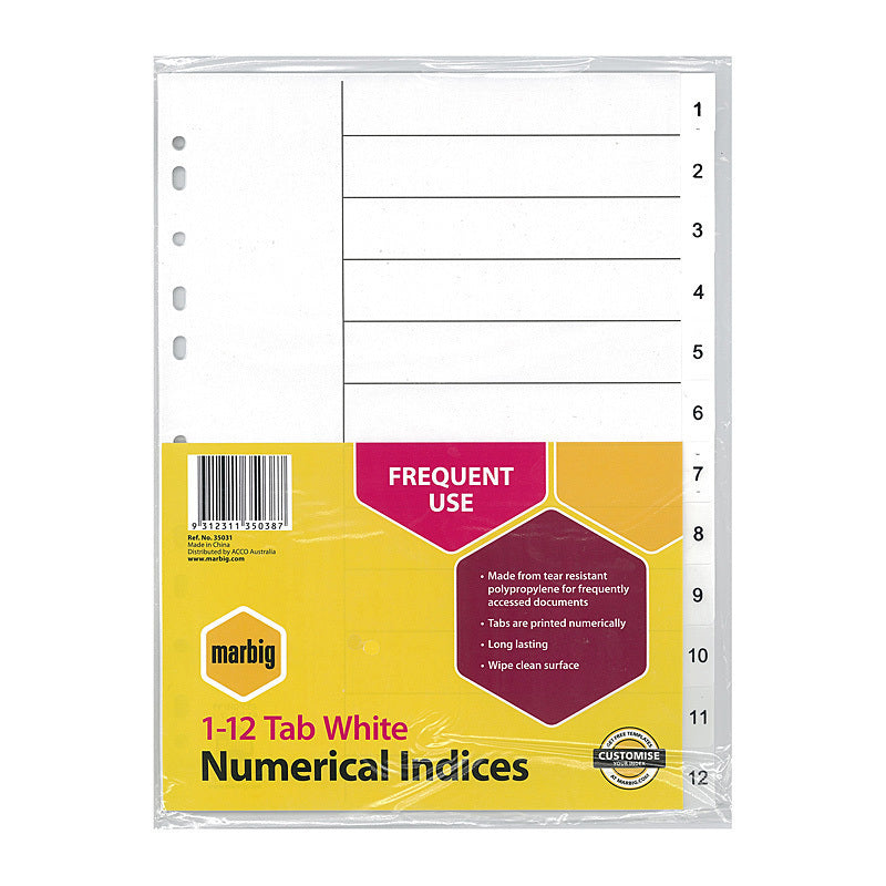 Mbg Indices Wht PP A4 1-12Tab Marbig