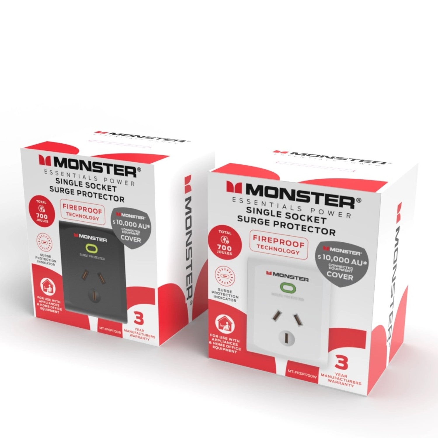 Monster Essentials Power Single Socket Surge Protector (700 Joules, Fireproof Technology) – White Monster
