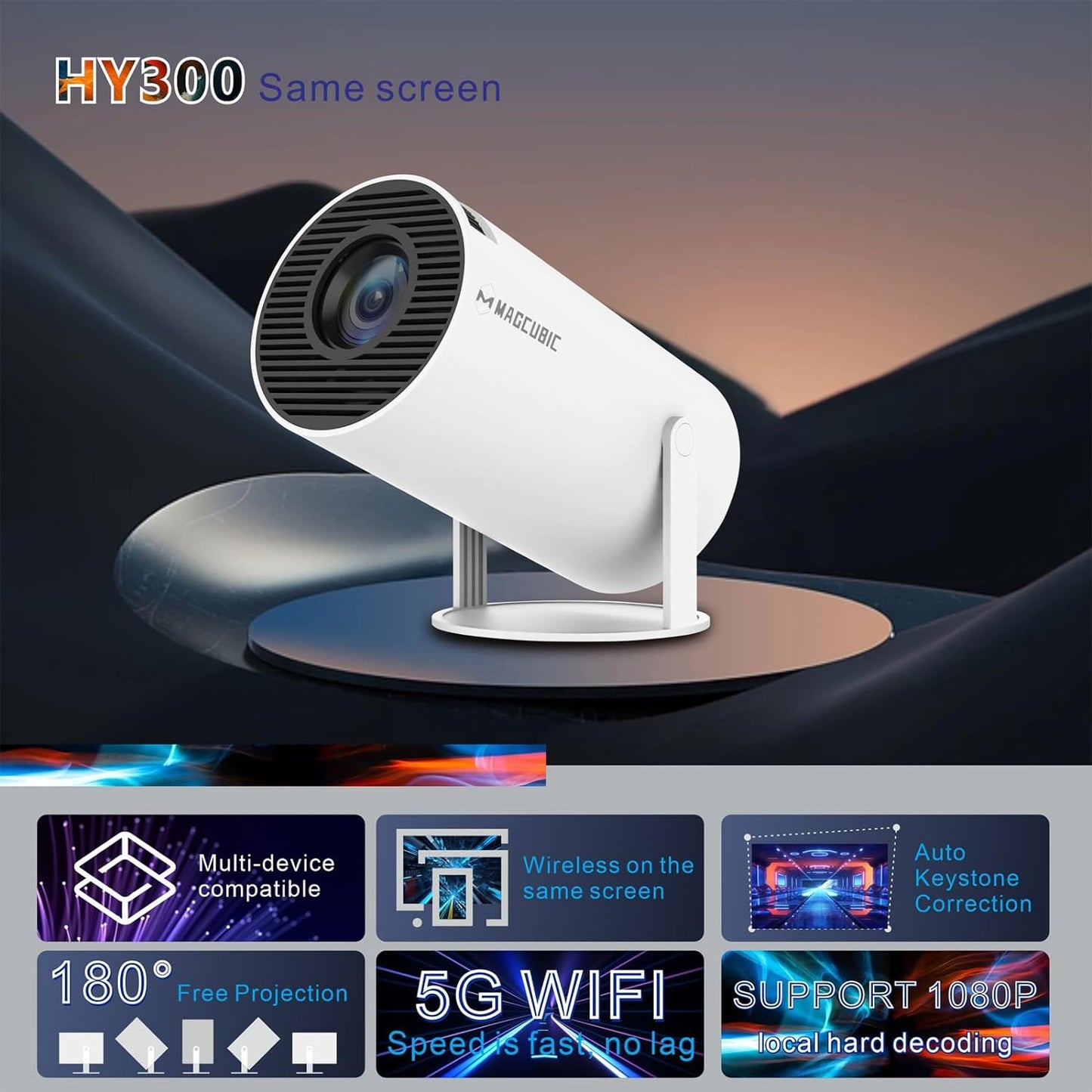 Magcubic HY300 Portable 4K Decoding Projector - WiFi6, Android 11, Bluetooth 5.0 - Ultra-Sharp Imaging, Smart Connectivity, Superior Audio Magcubic