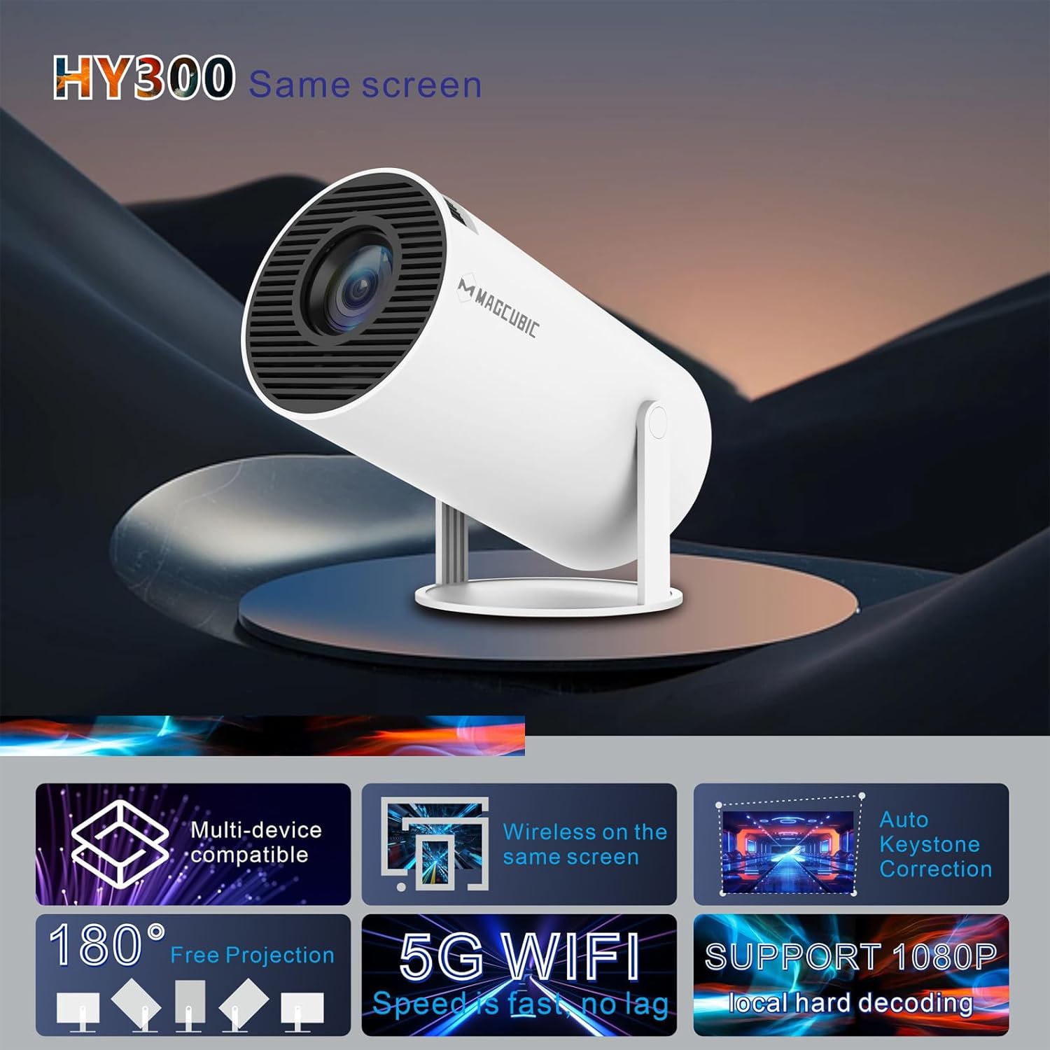 Magcubic HY300 Portable 4K Decoding Projector - WiFi6, Android 11, Bluetooth 5.0 - Ultra-Sharp Imaging, Smart Connectivity, Superior Audio Magcubic