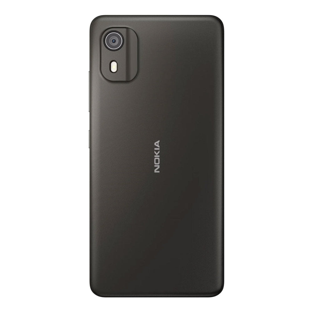 Side‑angle of Nokia C02 showing slim profile and charcoal finish
