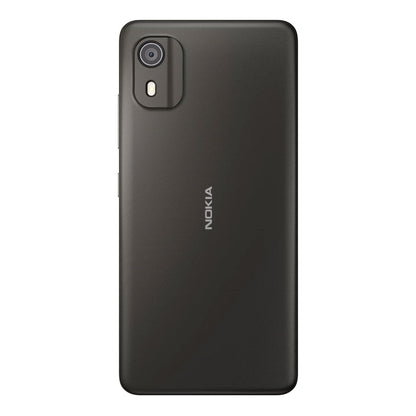 Side‑angle of Nokia C02 showing slim profile and charcoal finish