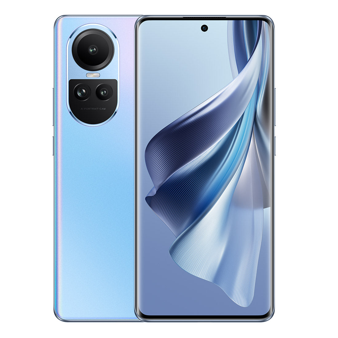 OPPO Reno10 smartphone in ice blue, front view with display on