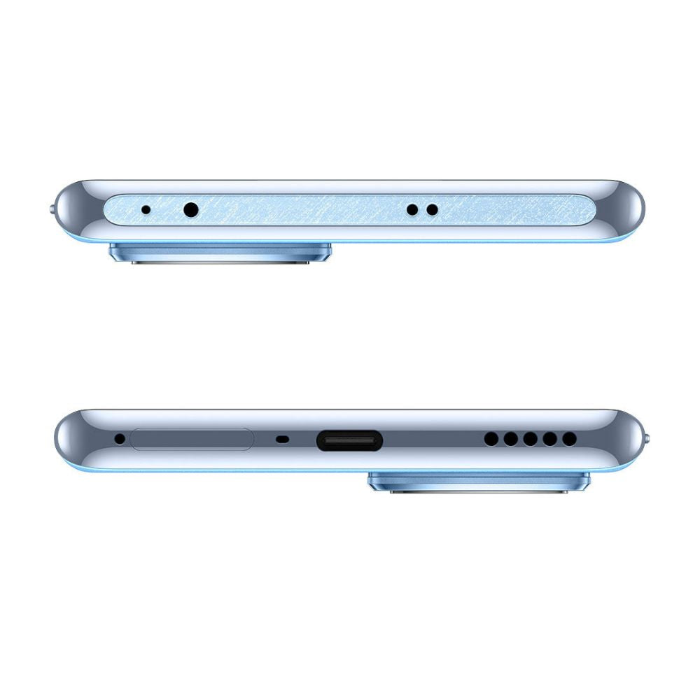 OPPO Reno10 ice blue smartphone with vibrant display visible top view