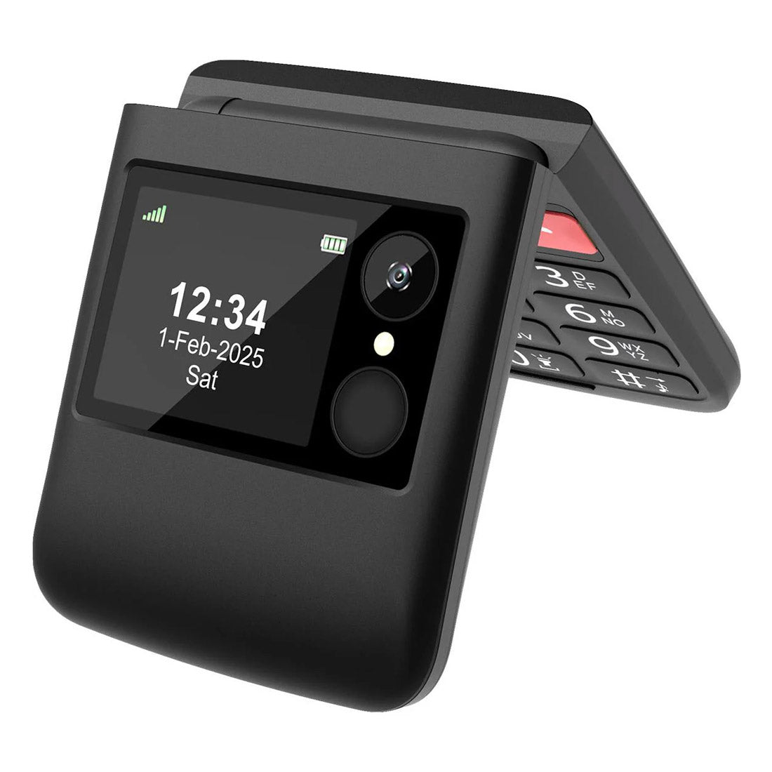 Opel Flip Fold 4G phone black shown side-angle highlighting hinge and keys