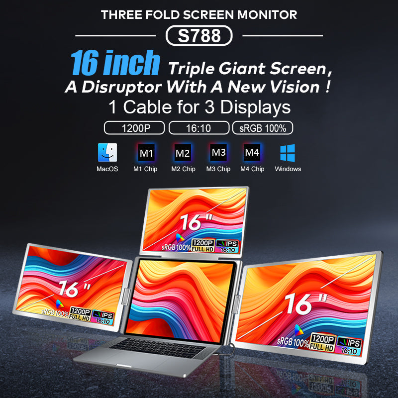 Trion 16" FHD Portable Monitor Quad Screen with One-Cable Triple Display Screen Extender for Laptops (Win10+, Mac M1/M2/M3) (AU Version) Trion