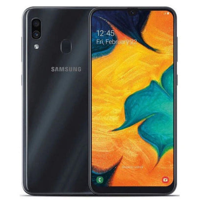 Samsung Galaxy A30 black smartphone front and back view