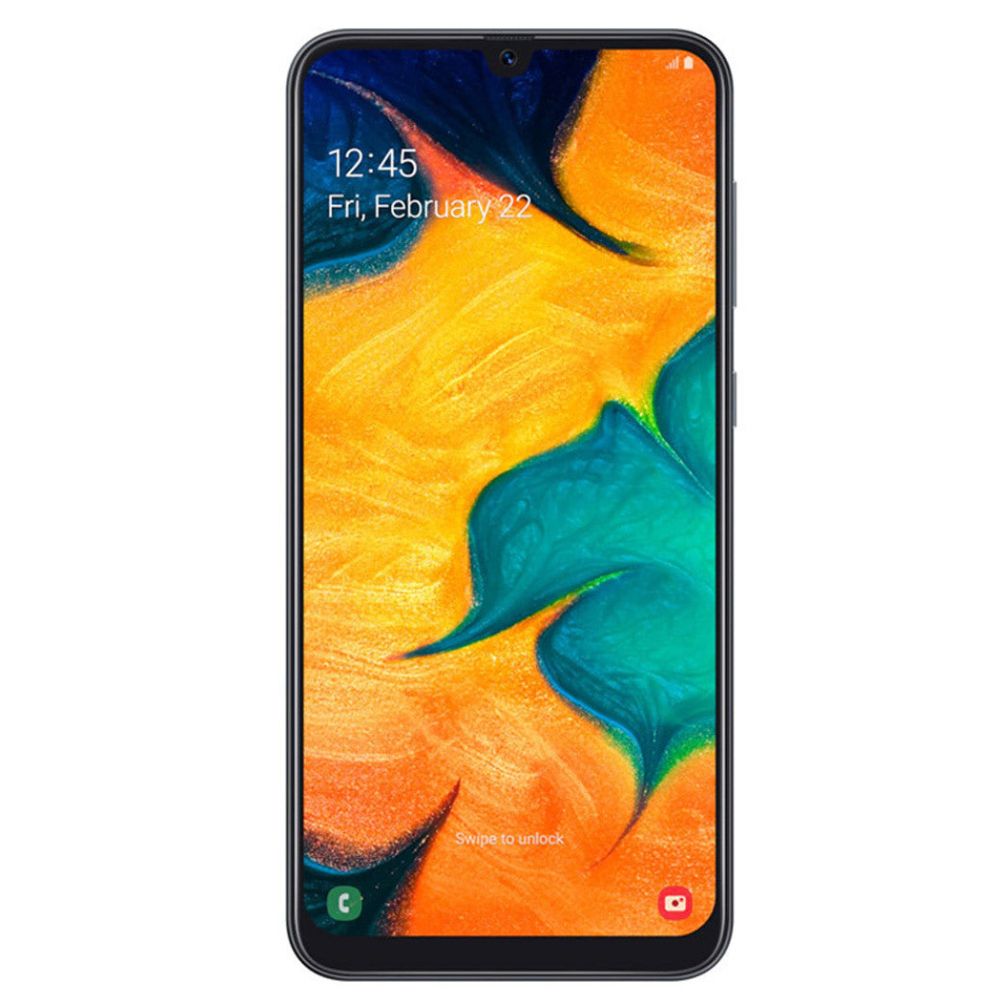 Samsung Galaxy A30 black phone with screen and camera visible