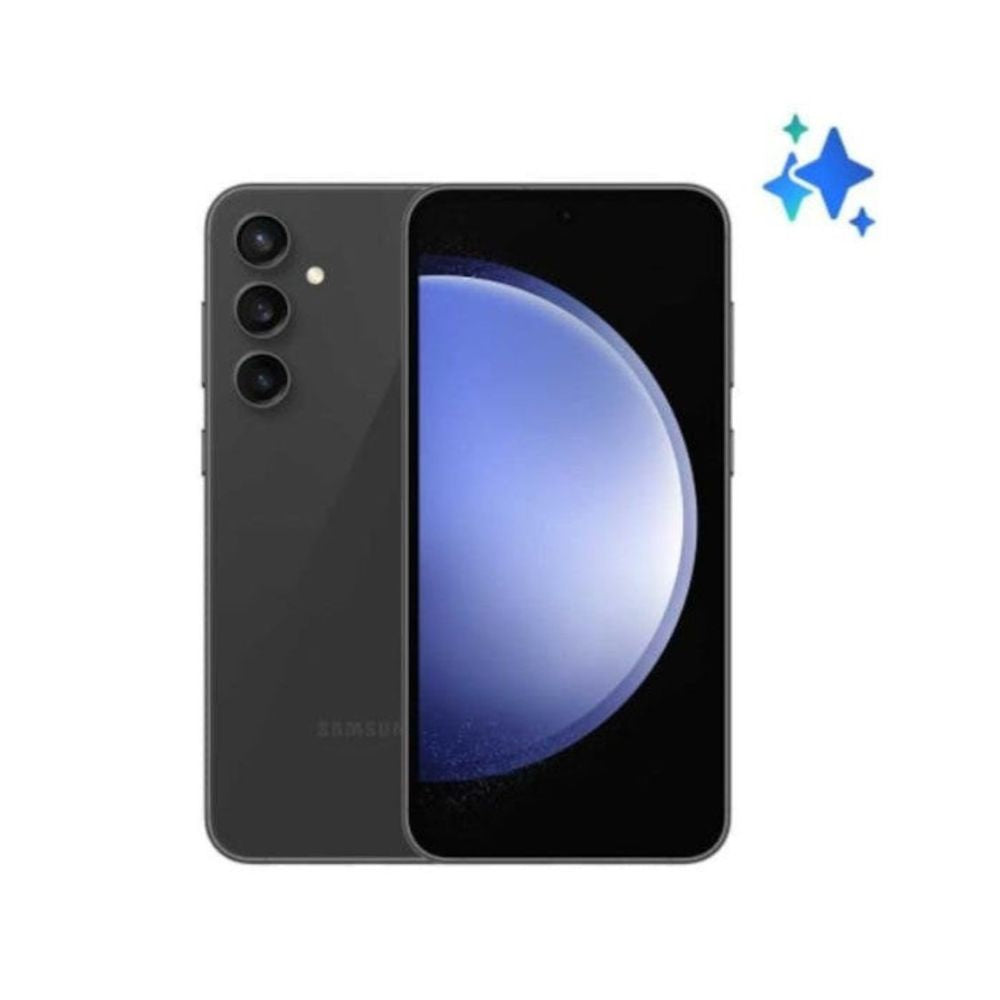 Graphite Samsung Galaxy S23 FE shown front view with full AMOLED display visible