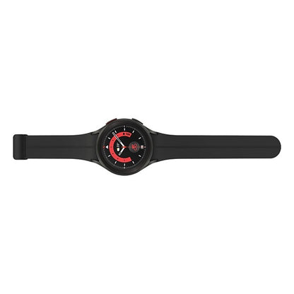 Black Samsung Galaxy Watch 5 Pro displayed front view showing full face and strap