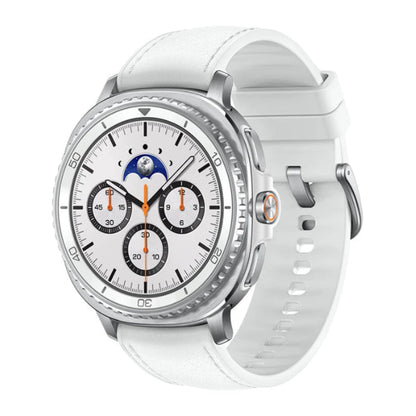 Samsung Galaxy Watch8 Classic 46mm White front view showing round Super AMOLED watch face with analog dial.