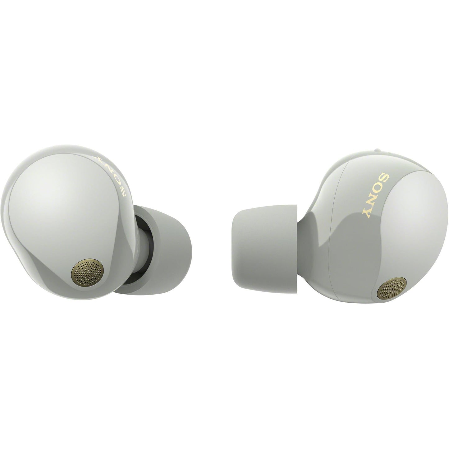 Side-angle view of silver WF-1000XM5 earbuds highlighting earbuds’ contours and case