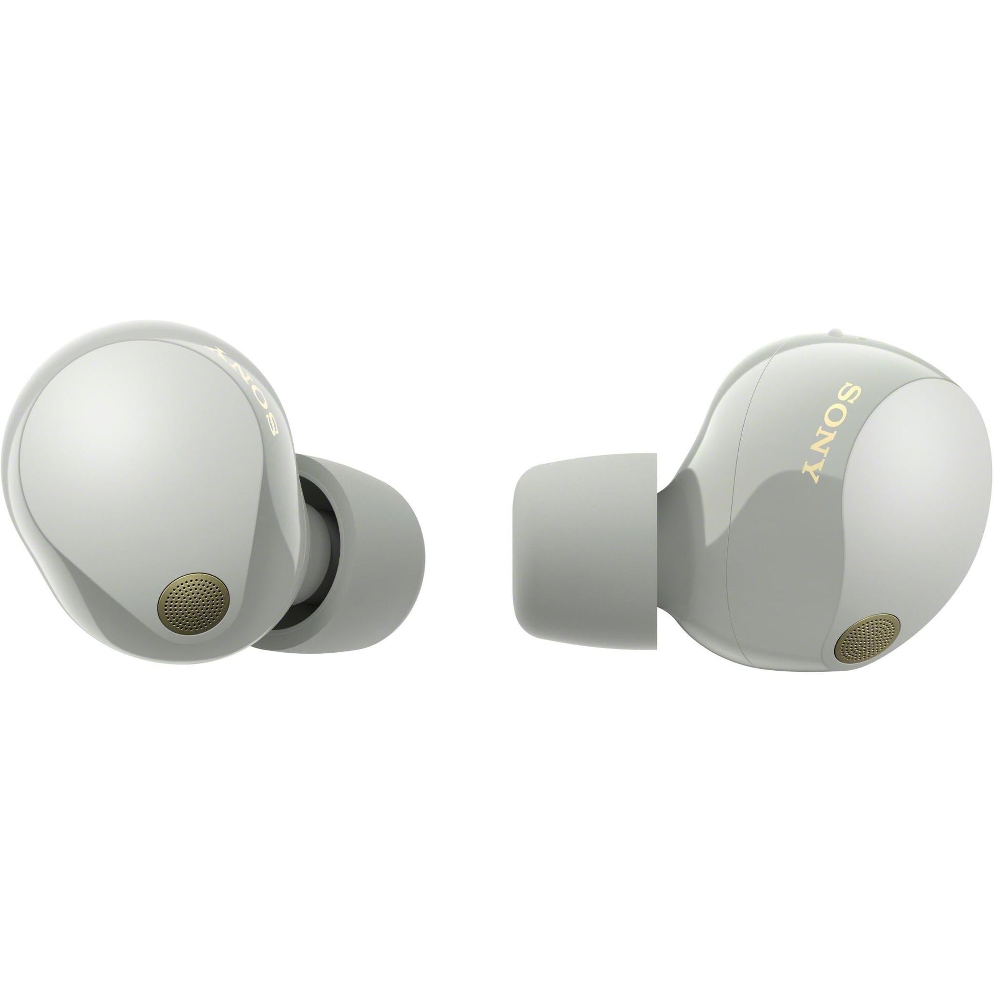 Side-angle view of silver WF-1000XM5 earbuds highlighting earbuds’ contours and case