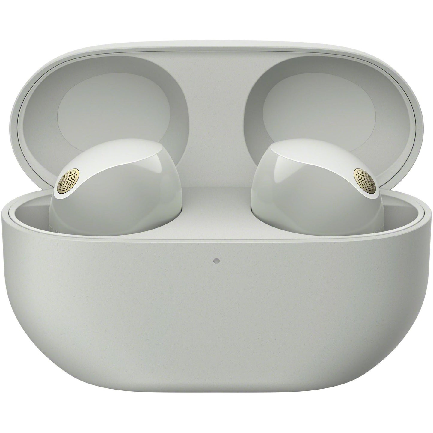 Silver Sony WF-1000XM5 earbuds displayed front-facing showing both ear-pods and charging case