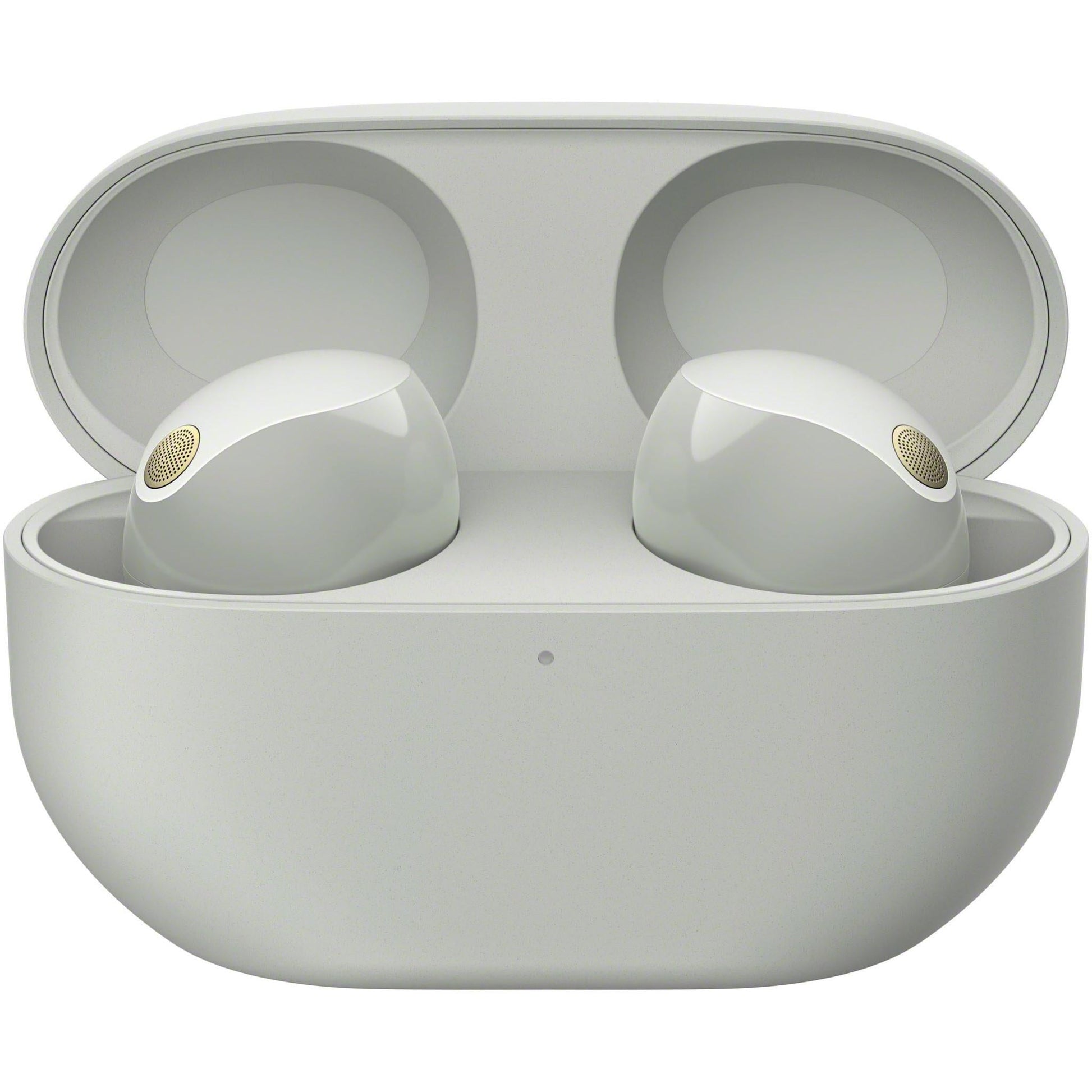 Silver Sony WF-1000XM5 earbuds displayed front-facing showing both ear-pods and charging case