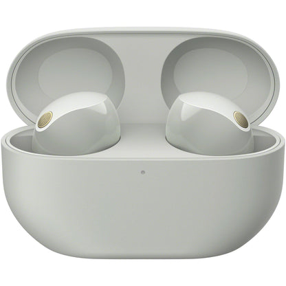 Silver Sony WF-1000XM5 earbuds displayed front-facing showing both ear-pods and charging case