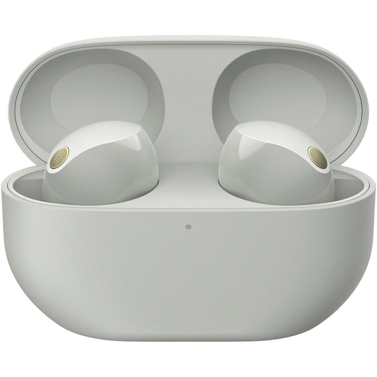 Silver Sony WF-1000XM5 earbuds displayed front-facing showing both ear-pods and charging case