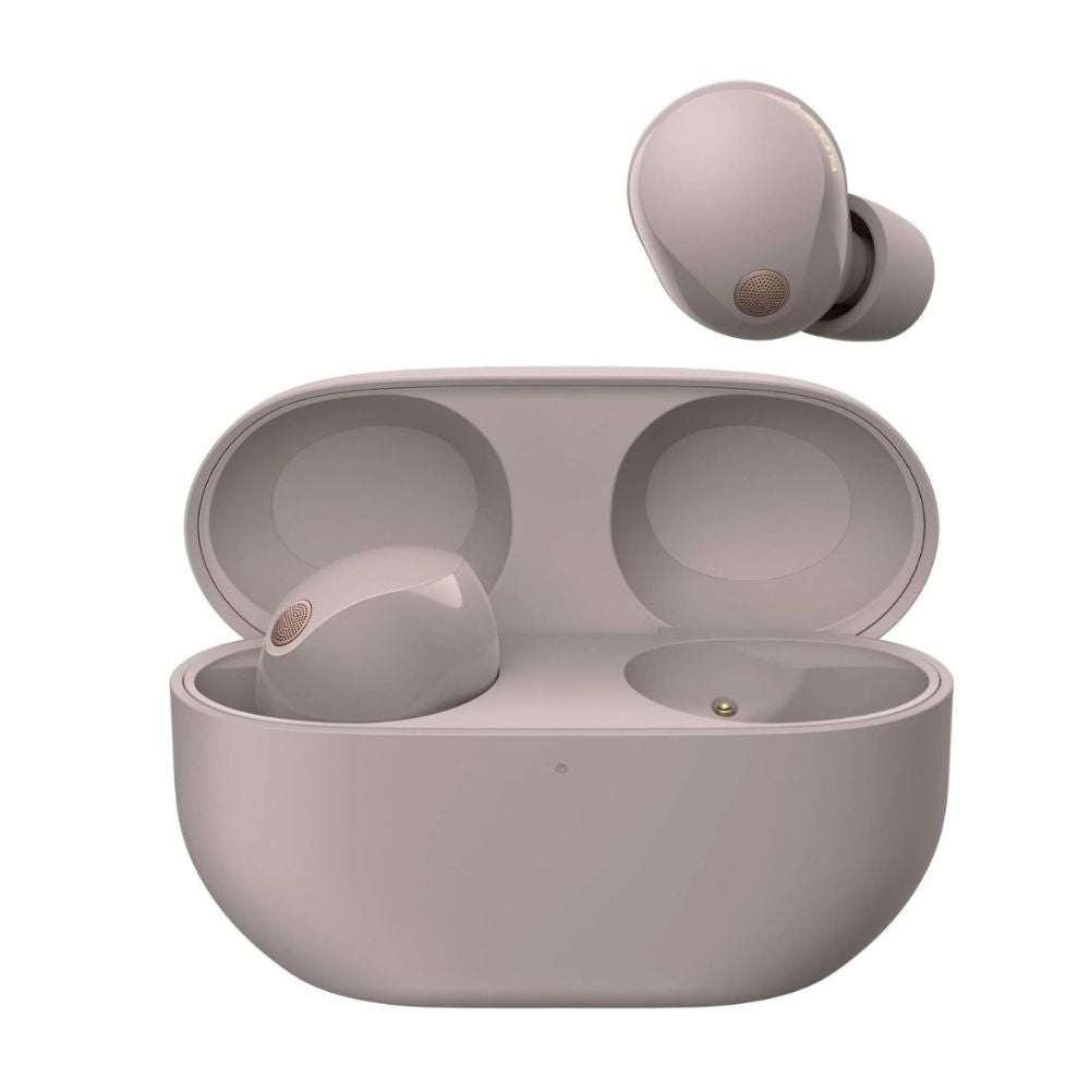 Sony WF-1000XM5 in smoky pink, earbuds and charging case front view