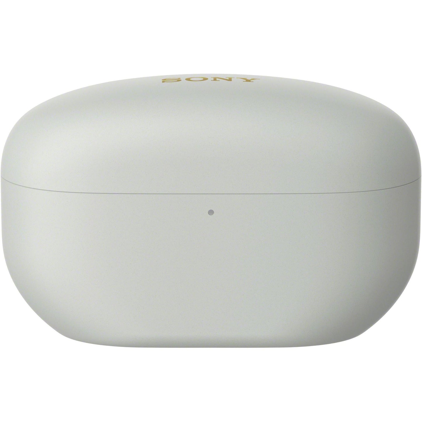 Silver WF-1000XM5 earbuds shown at side-angle highlighting earbud shape and charging case