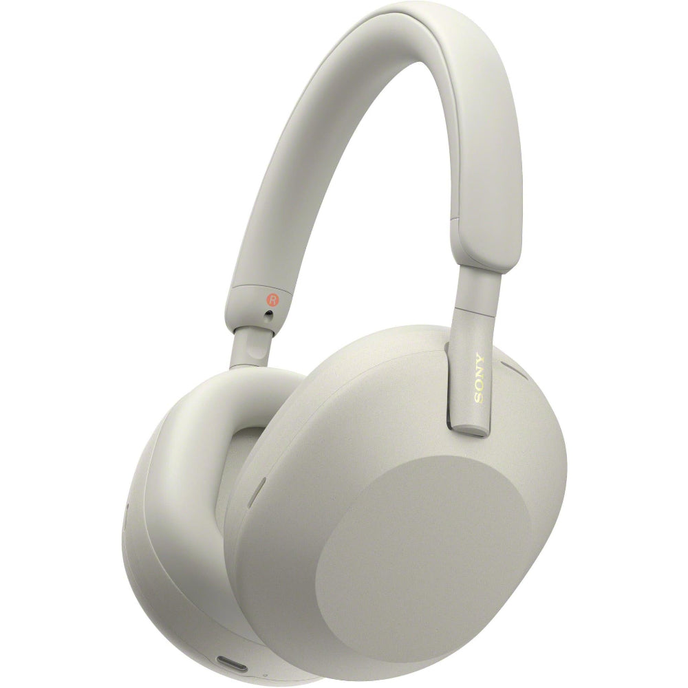 Silver Sony WH-1000XM5 headphones shown front view with earcups and headband visible