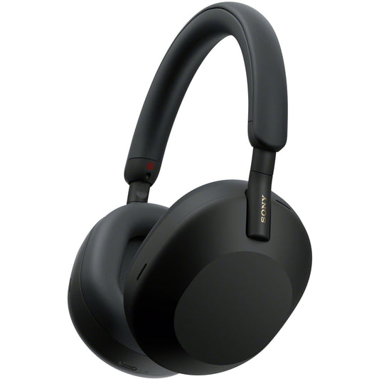 Black Sony WH-1000XM5 headphones shown front view with earcups and headband