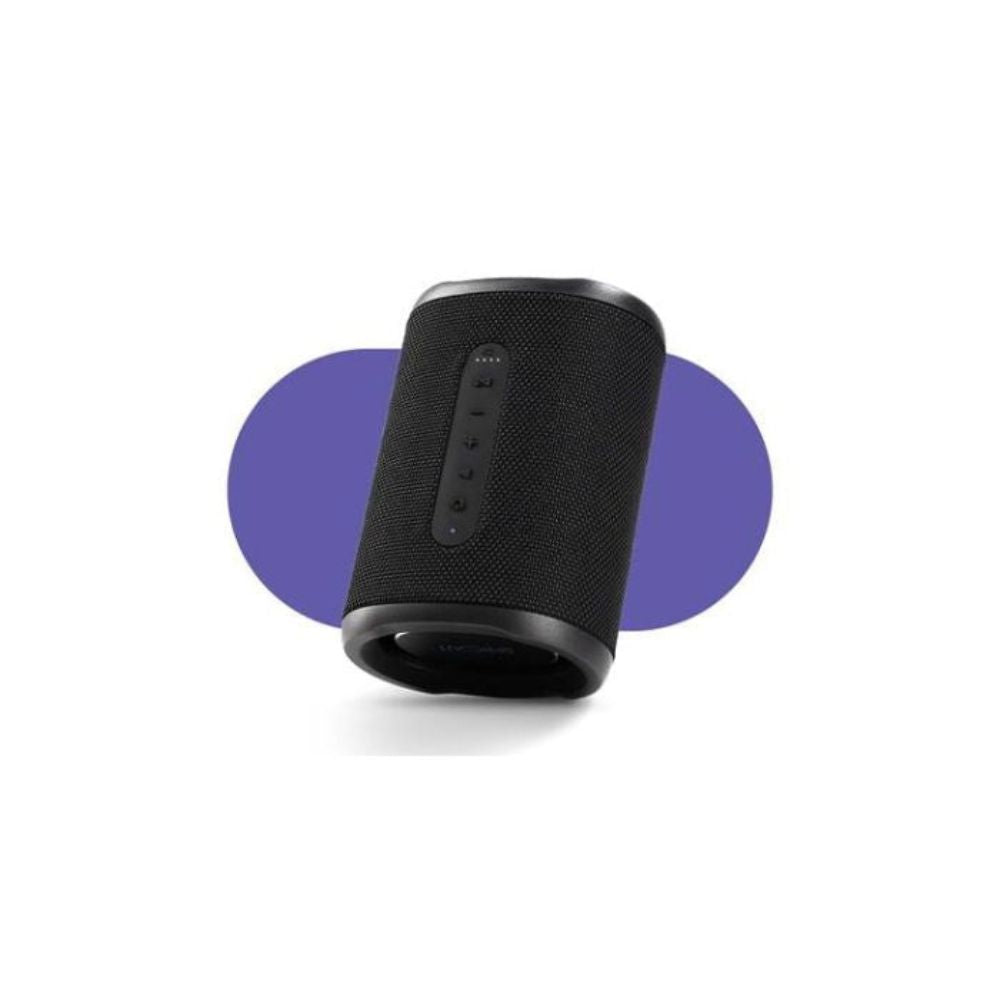 Compact black Sprout Soundwave speaker angled side view