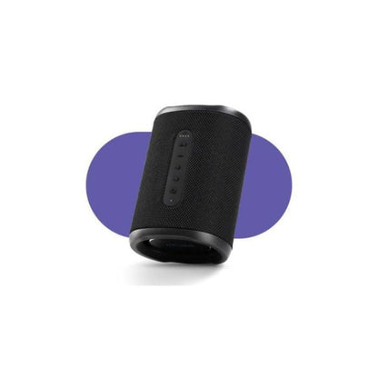 Compact black Sprout Soundwave speaker angled side view