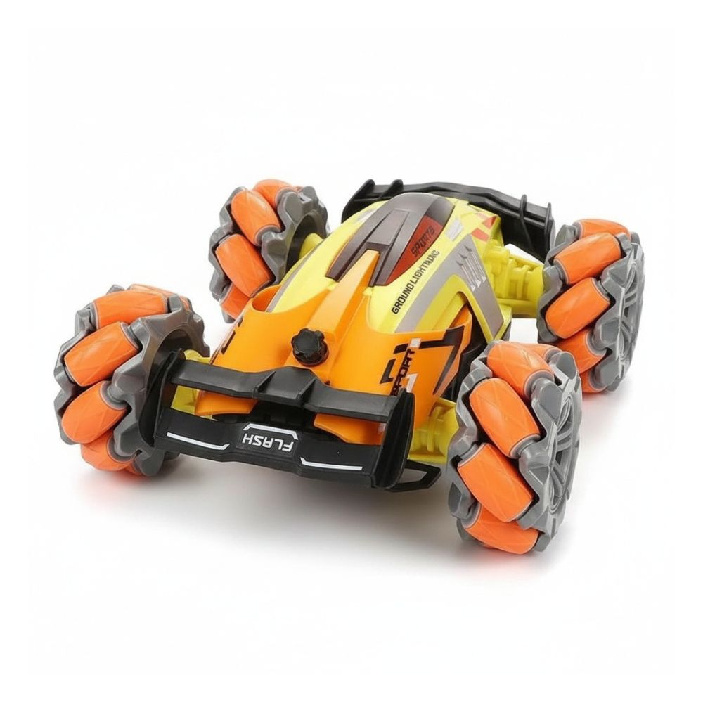 Green stunt RC car shown side-angled with rotating wheels and controller handle visible