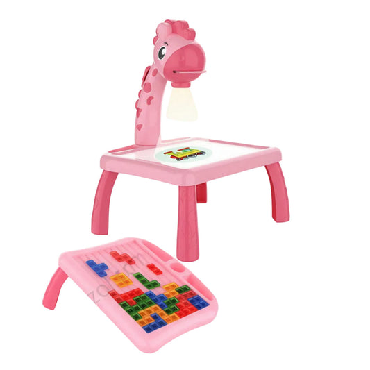 Kids projection painting table shown front view with projected Tetris image on drawing surface