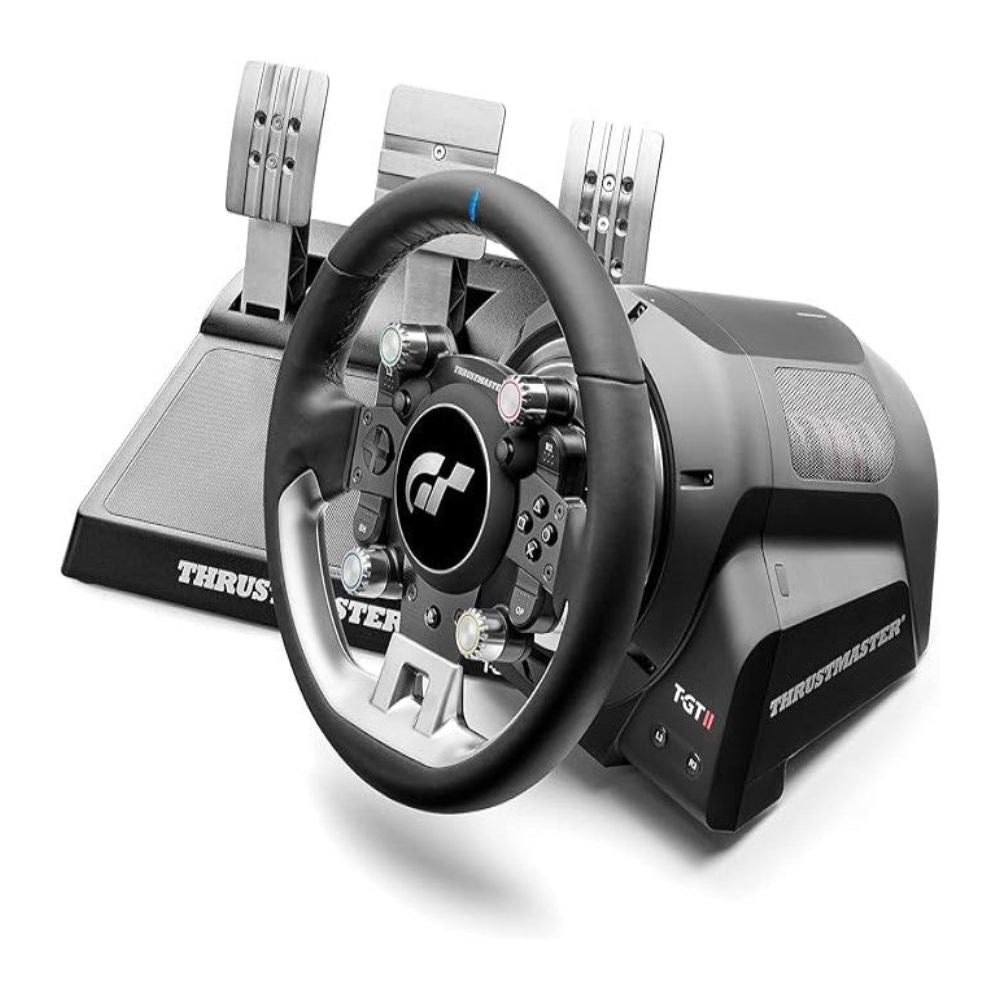 T-GT II PlayStation racing wheel with base and pedals displayed