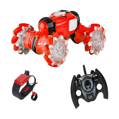 Bright colored RC car shown side-angle with lights on and controller visible