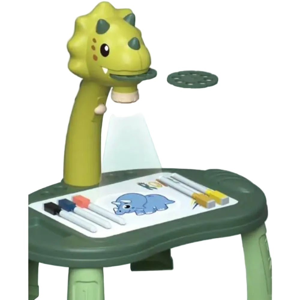 Side-angle of green dinosaur projector table showing drawing board and dinosaur graphics