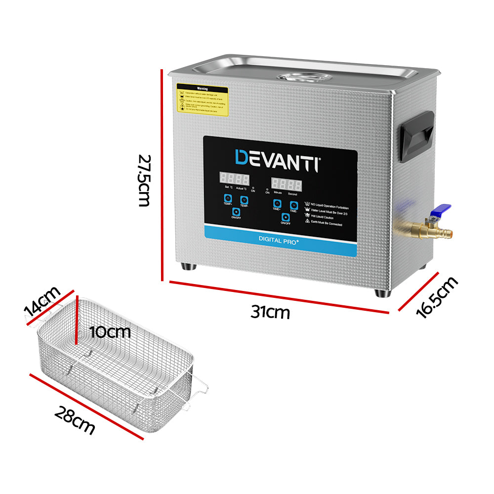 Devanti 6.5L Ultrasonic Cleaner Heater Cleaning Machine Timer Industrial 180W Tristar Online