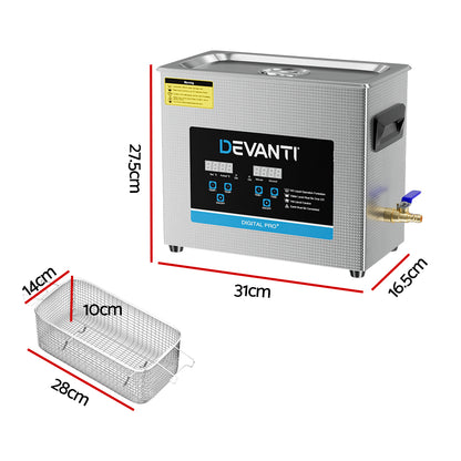 Devanti 6.5L Ultrasonic Cleaner Heater Cleaning Machine Timer Industrial 180W Tristar Online