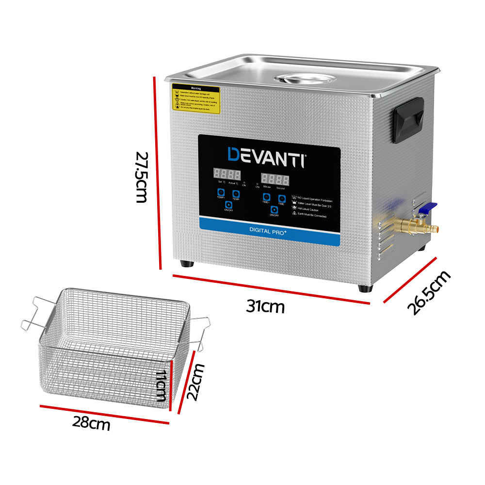 Devanti 10L Ultrasonic Cleaner Heater Cleaning Machine Timer Industrial 240W Tristar Online