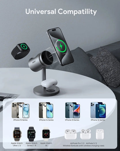 Aukey MagFusion 3-in-1 Pro Qi2 Magnetic Fast Wireless Charging Station with Active Cooling (LC-MC311A) Tristar Online