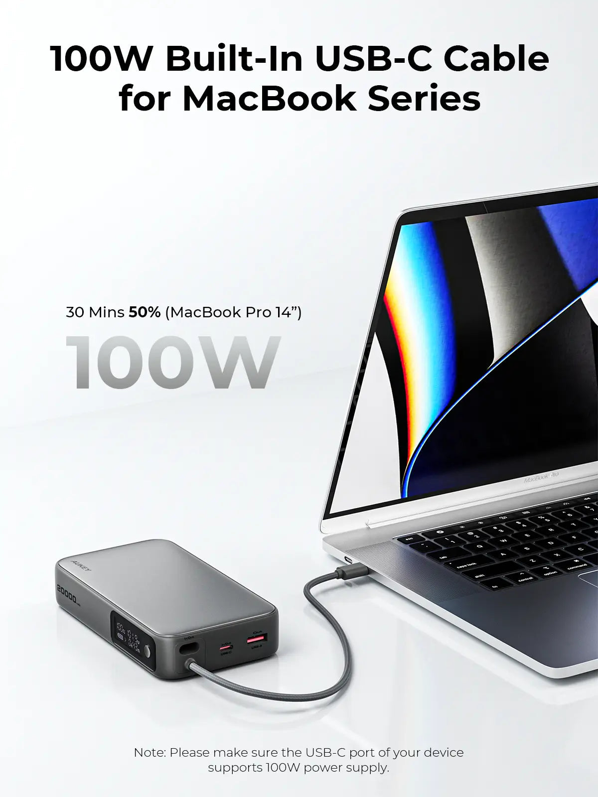 Aukey Spark Sling 20000 Compact Fast Charging Power Bank with Built-in USB-C Cable (PB-Y48) Tristar Online