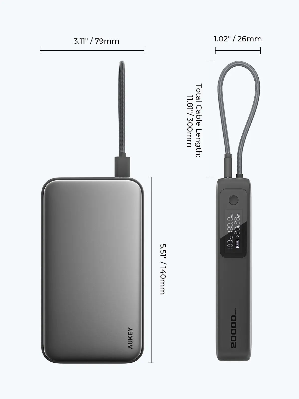 Aukey Spark Sling 20000 Compact Fast Charging Power Bank with Built-in USB-C Cable (PB-Y48) Tristar Online