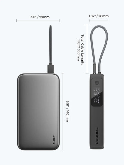 Aukey Spark Sling 20000 Compact Fast Charging Power Bank with Built-in USB-C Cable (PB-Y48) Tristar Online