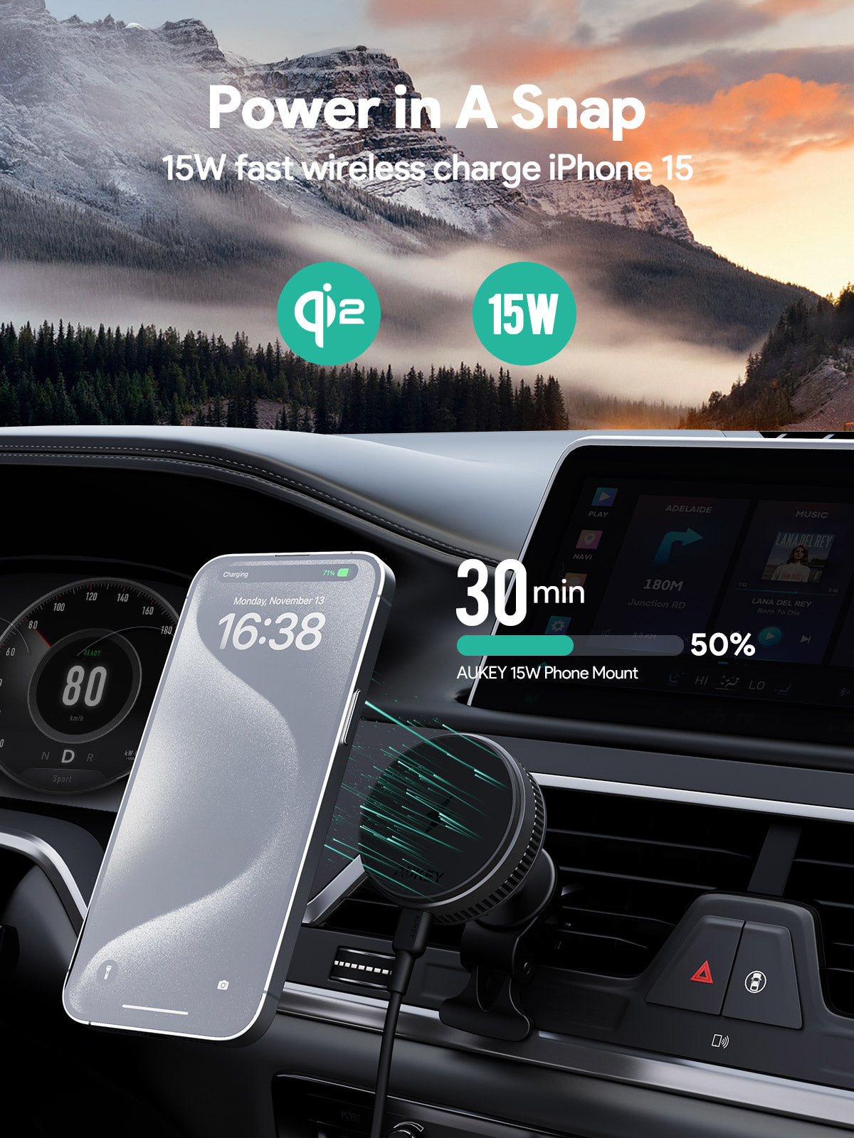 Aukey MagFusion Dash Pro Qi2 Magnetic Fast Wireless Charging Phone Mount with Active Cooling (HD-MC13A) Tristar Online