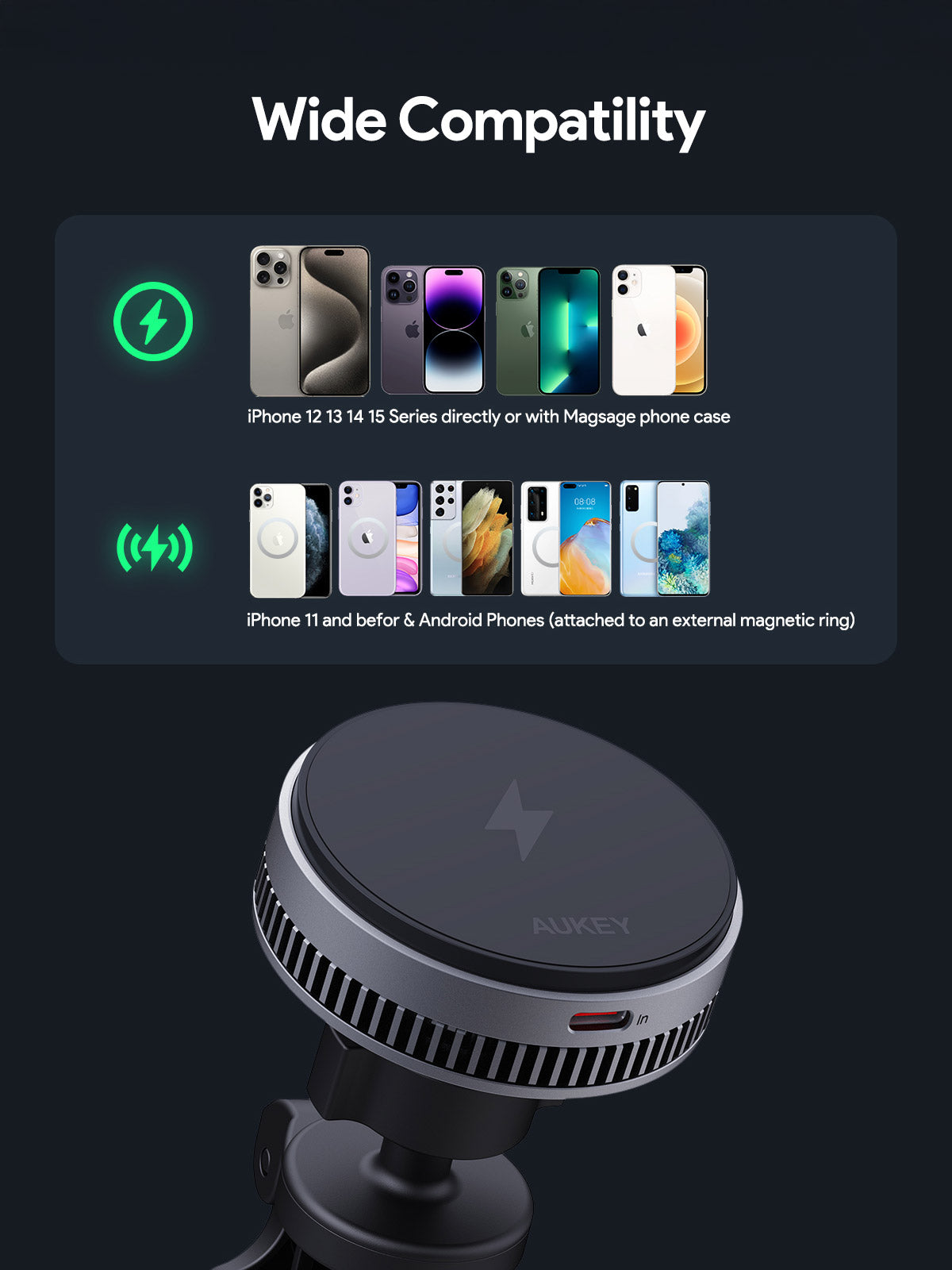 Aukey MagFusion Dash Pro Qi2 Magnetic Fast Wireless Charging Phone Mount with Active Cooling (HD-MC13A) Tristar Online
