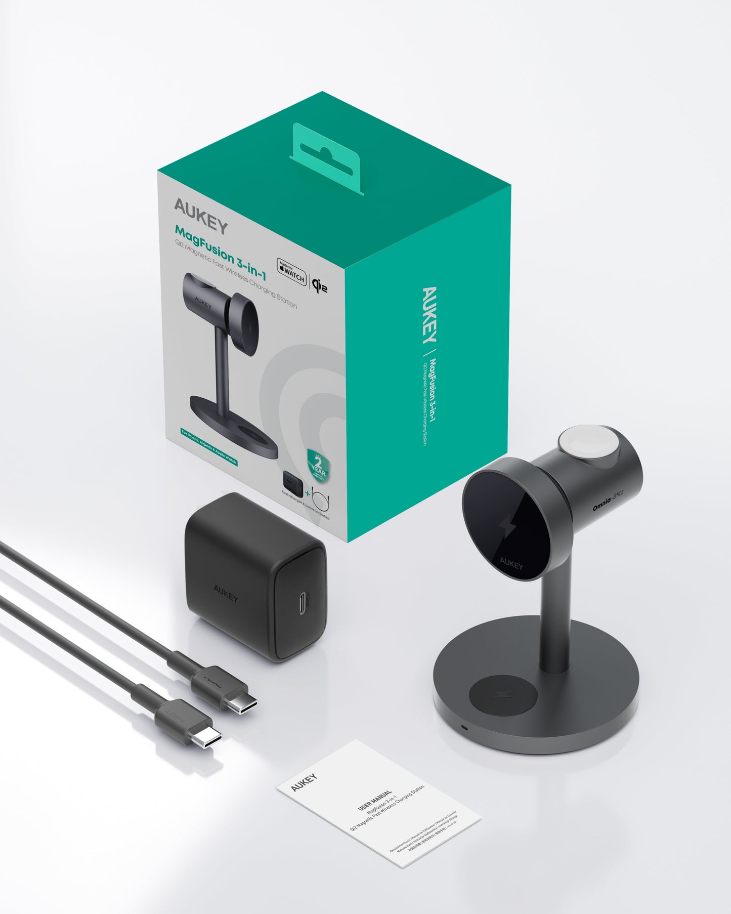 Aukey MagFusion 3-in-1 Qi2 Magnetic Fast Wireless Charging Station (LC-MC311) Tristar Online