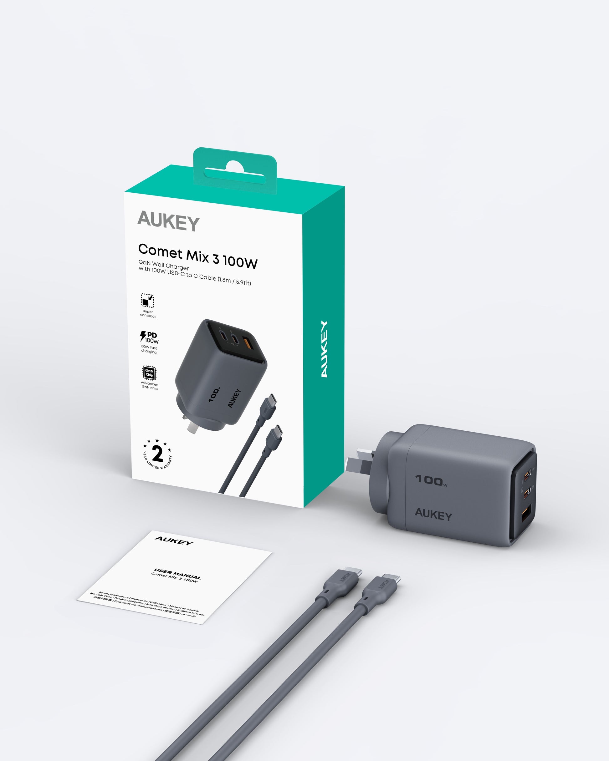 Aukey Comet 100W PD Fast Wall Charger GaN USB-C with 100W 1.8m USB-C to C Cable (PA-C5) Tristar Online