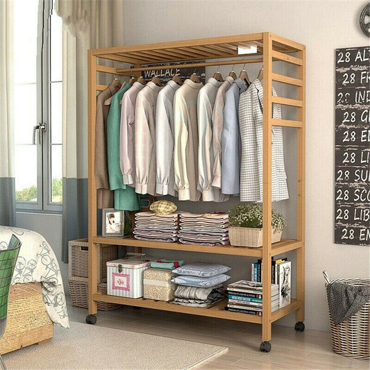 3-Tier Wooden Clothes Rack Rolling Garment Stand w/ Hooks Tristar Online