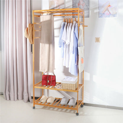 3-Tier Wooden Clothes Rack Rolling Garment Stand w/ Hooks Tristar Online