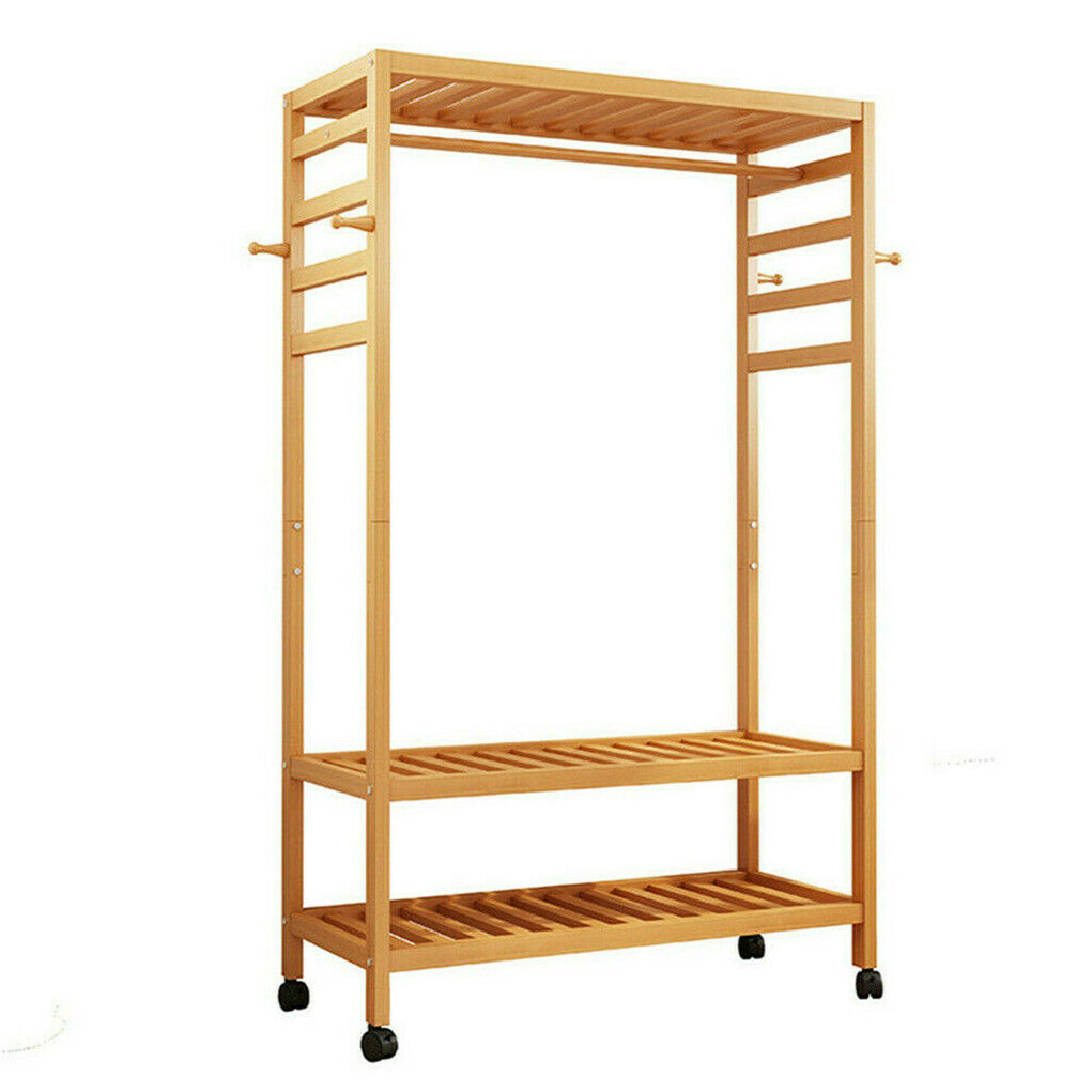3-Tier Wooden Clothes Rack Rolling Garment Stand w/ Hooks Tristar Online