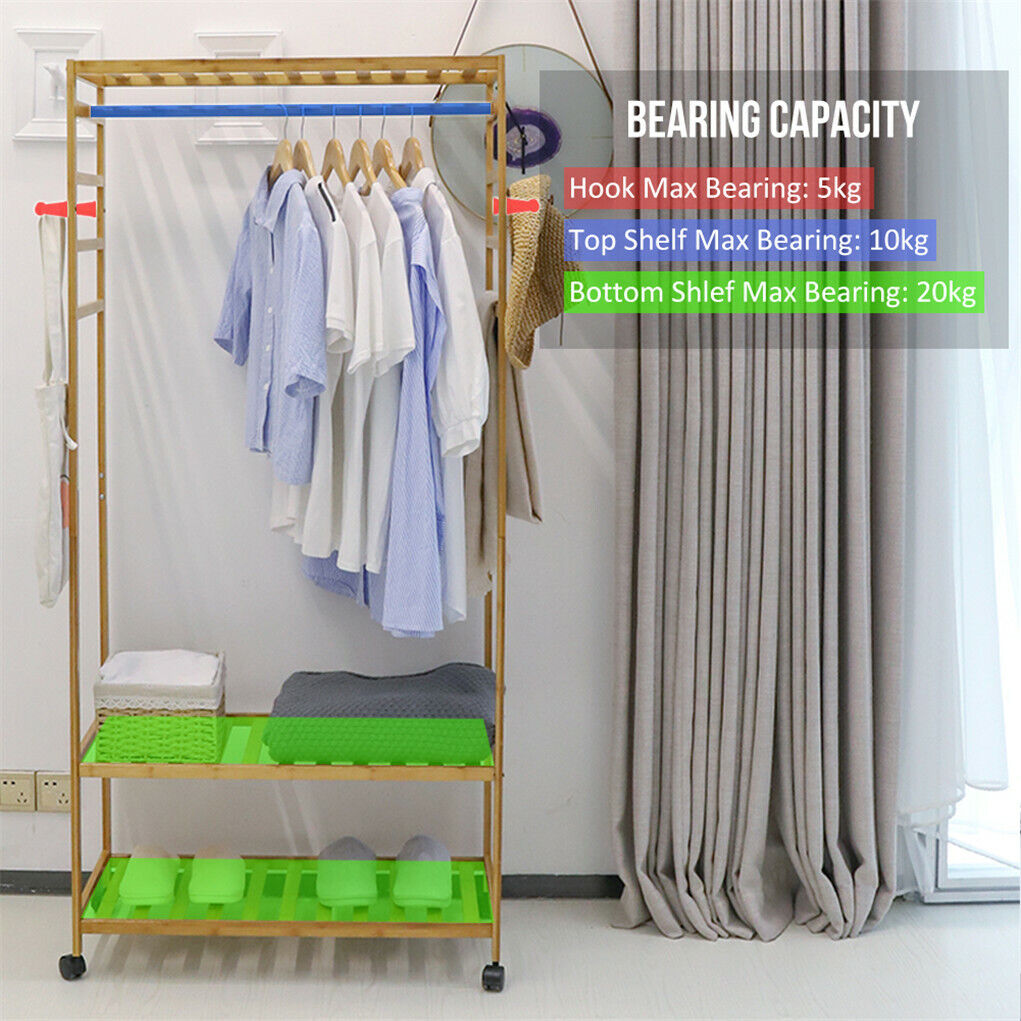 3-Tier Wooden Clothes Rack Rolling Garment Stand w/ Hooks Tristar Online