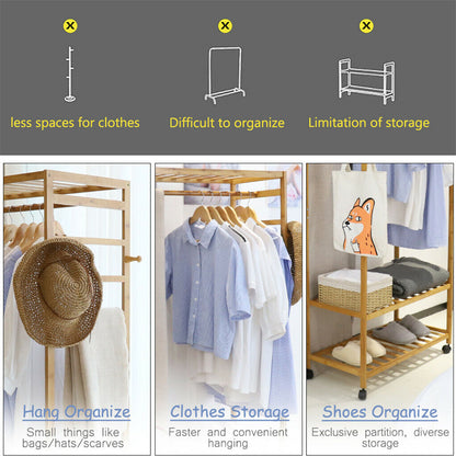 3-Tier Wooden Clothes Rack Rolling Garment Stand w/ Hooks Tristar Online